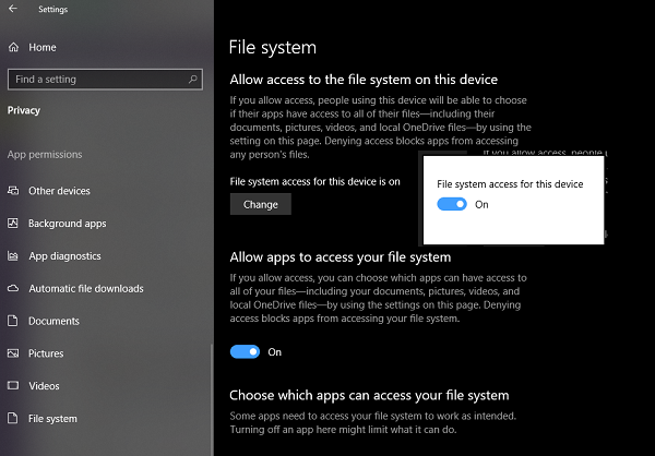 Accesso al file system alle app su Windows 10