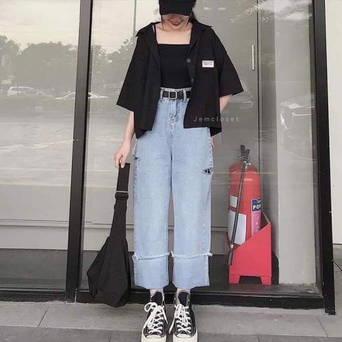 Áo sơ mi 2 màu đen và tím hot trend