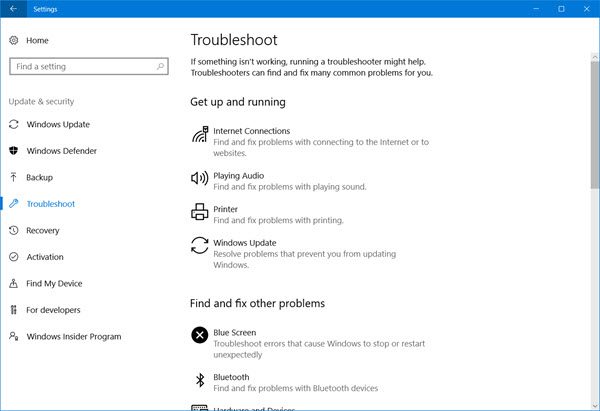 Pagina di risoluzione dei problemi in Windows 10