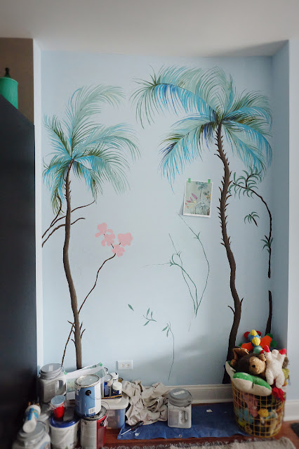 hand paint wall mural progress with palm trees
