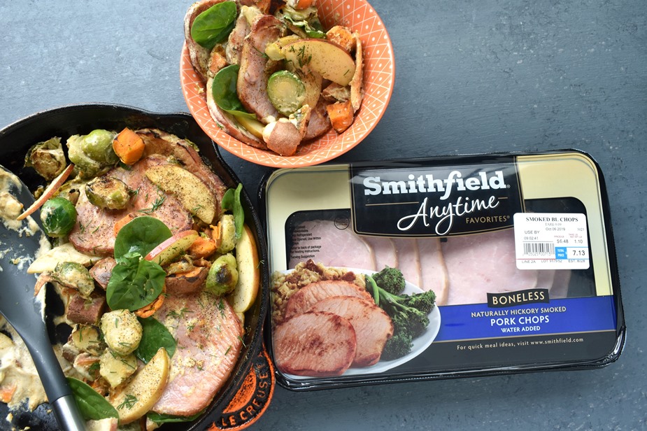 Dijon Pork Chops with Sweet Potatoes, Apples and Brussels Sprouts The