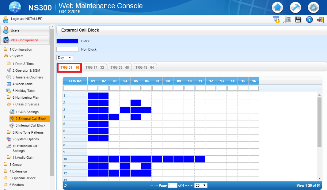 How to configure Externel and Internal call block in panasonic ns300 epabx?