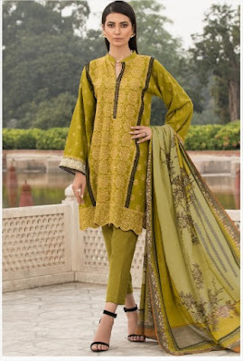 warda winter lemon green 3 piece chikan Kari with printed dupatta