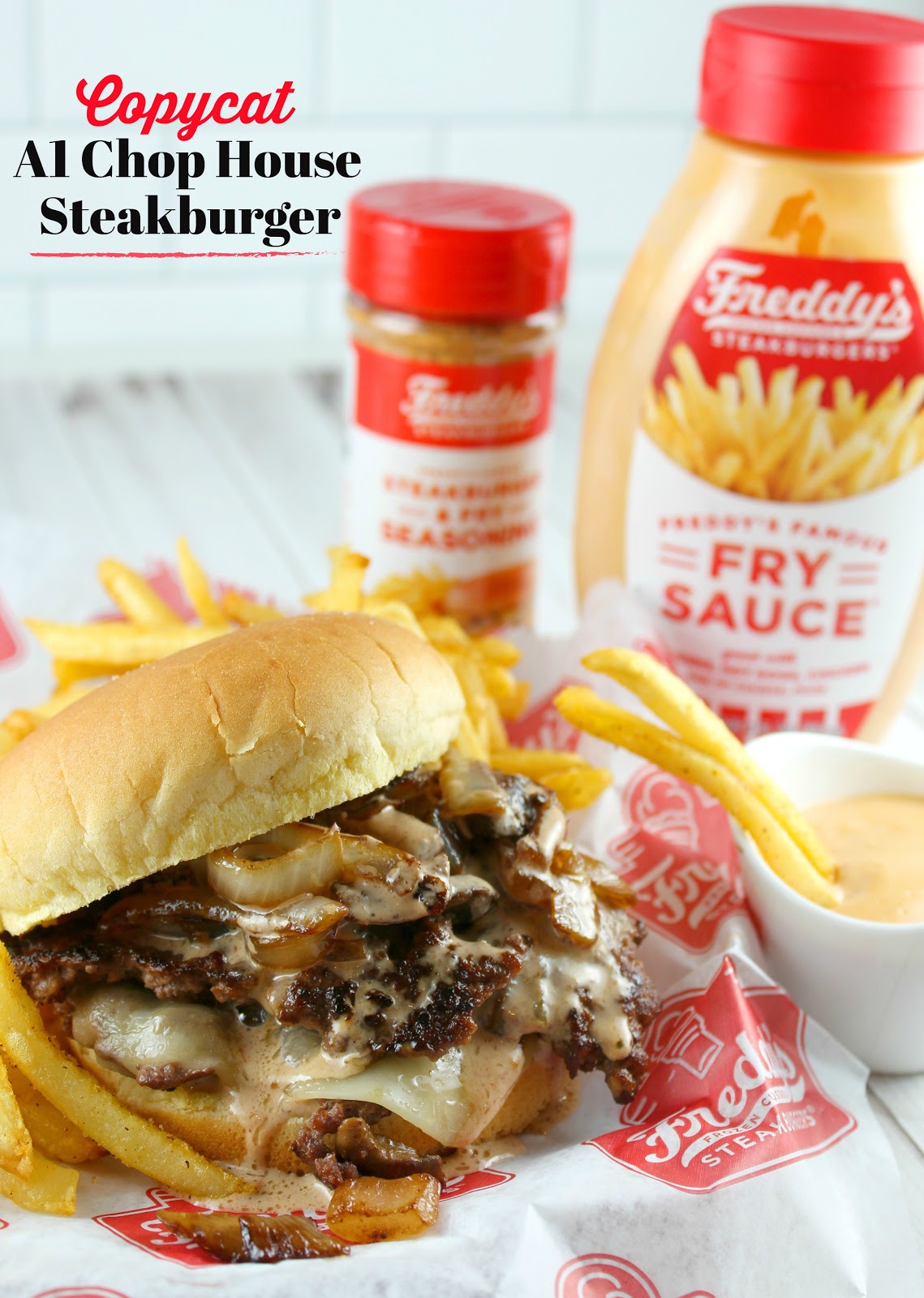 Copycat Freddy's A1 Chop House Steakburger Recipe - got the burger recipe and technique for those yummy crispy edges straight from the restaurant. This burger is AMAZING!! Two beef patties, white cheddar, grilled onions and the secret A1 Chop House Burger Sauce. I've got the whole recipe! You don't want to miss this burger!! #burger #copycat