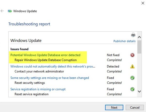 Rilevato potenziale errore del database di Windows Update