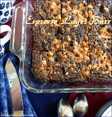 Espresso Layer Bars are simple to assemble, layering one flavor on top of another, then baked into chewy, crunchy bars. | Recipe developed by www.BakingInATornado.com | #recipe #dessert