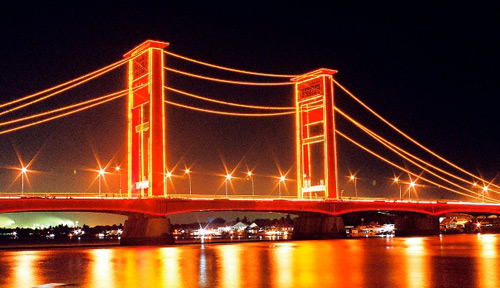 Ampera Bridge at Night : Landmark of Palembang City