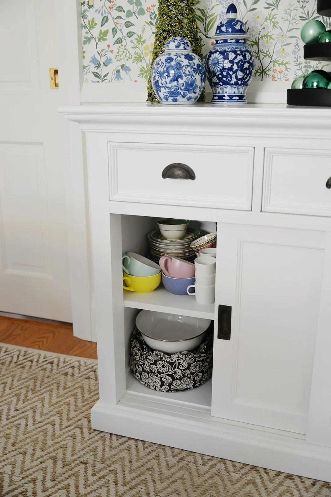 transitional compact white dining room storage buffet cabinet with three drawers and sliding doors