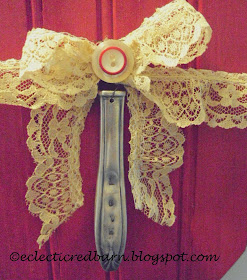  Eclectic Red Barn: Painted bead board heart with lace, vintage buttons and silver knife handle