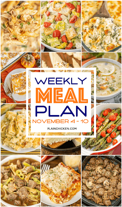 Weekly Meal Plan - what to make for dinner every night this week. A quick, easy, and delicious recipe for every single night of the week. Main dishes, sides and dessert. Something for everyone! #mealplan #mealprep #dinner collage of 12 dinner photos