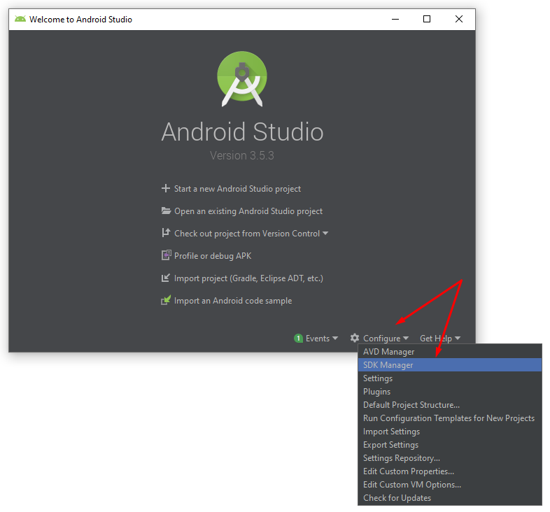 Welcome to Android Studio > Configure > SDK Manager