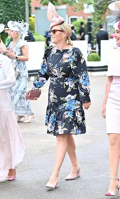 Countess of Wessex wore a new metallic embroidery palm shirt dress by Suzannah. Zara Tindall wore a floral print mini dress by Erdem