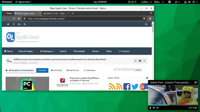 Opera Beta executando no openSUSE Tumbleweed com ambiente de desktop GNOME