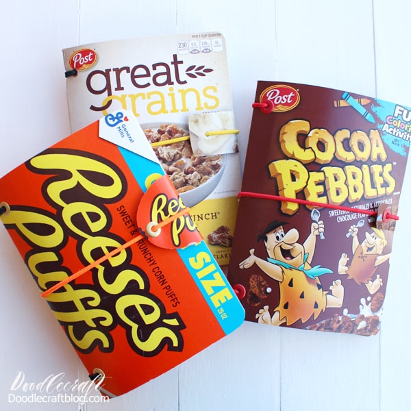 Cereal Box Refillable Notebooks These awesome notebooks hold paper folded in half--and they are made of old cereal boxes. The biggest part is the elastic...1/4" flat elastic from Walmart is under $3, so if you can't find anything around the house, you can purchase some and make several. I asked my neighbors if they had any cereal boxes, because I don't buy cereal in boxes very often. I got exactly what I needed! Any lightweight cardboard box will work if it's big enough, check the cupboards and rock what you've got!