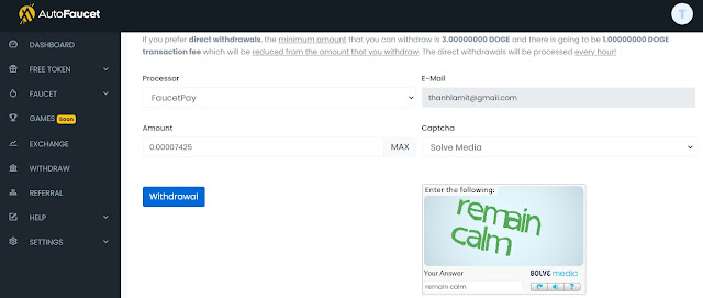 Rút Dogecoin về Faucetpay