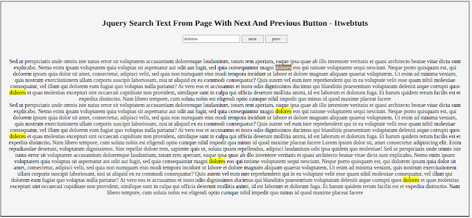 Jquery Search Text From Page With Next And Previous Button Example
