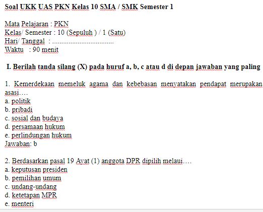 Soal UKK UAS PKN Kelas 10 SMA / SMK Semester 1 dan Kunci
