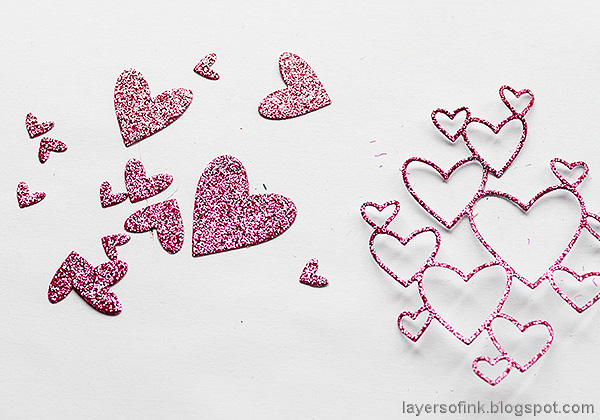 Layers of ink - Pink Penguin Tag Tutorial by Anna-Karin Evaldsson. Glittery hearts.