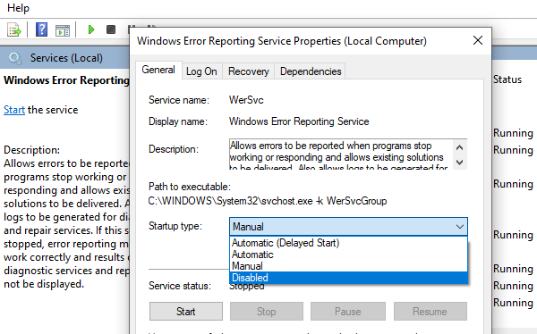 Отключить службы отчетов об ошибках Windows