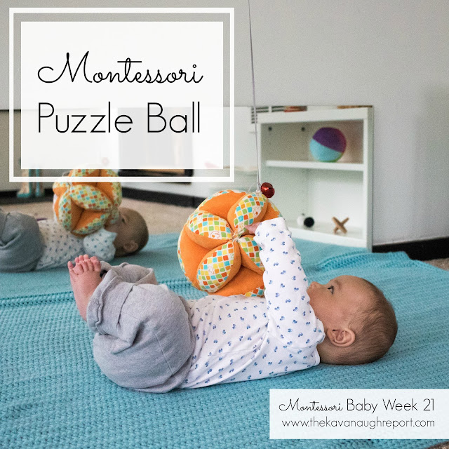 A Montessori puzzle ball is a great toy for babies to explore with their feet and to encourage movement. Montessori babies love the wonderful texture and it makes the perfect tactile mobile. 