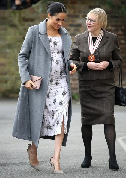 Meghan Markle wore Soia & Kyo Adelaida Ash coat and Brock Collection Odilia floral-print dress, Birks Petale gold and diamond earrings