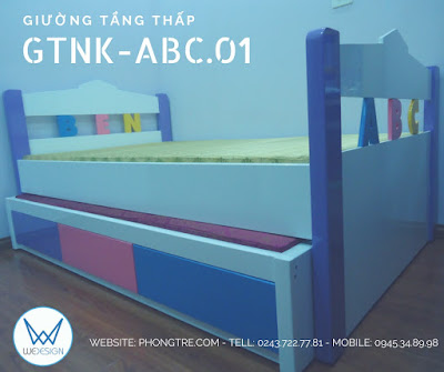 Giường tầng thấp trang trí chữ cái ghép thành tên 2 bé với nhiều sắc màu đáng yêu GTNK-ABC.01