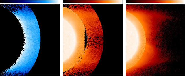 Image Attribute: A composite image of the Sun showing the hydrogen (left) and helium (center and right) in the low corona. The helium at depletion near the equatorial regions is evident. / Courtesy NASA
