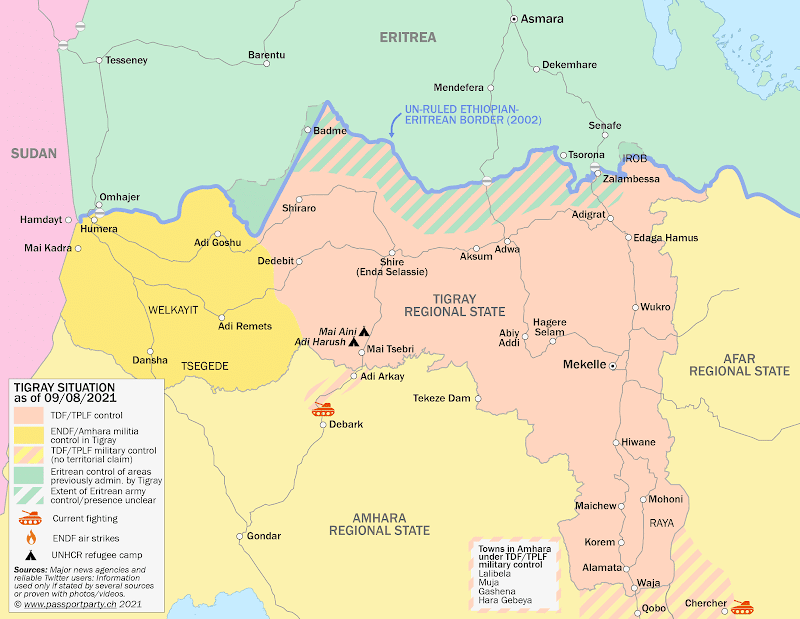 Click for full-size map and article Tigray control map: Rough illustration of territorial control in Ethiopia's Tigray war as known August 9, 2021, showing which areas have been retaken by Tigrayan rebels both inside and outside of the Tigray regional state. By Daniel of Passport Party.