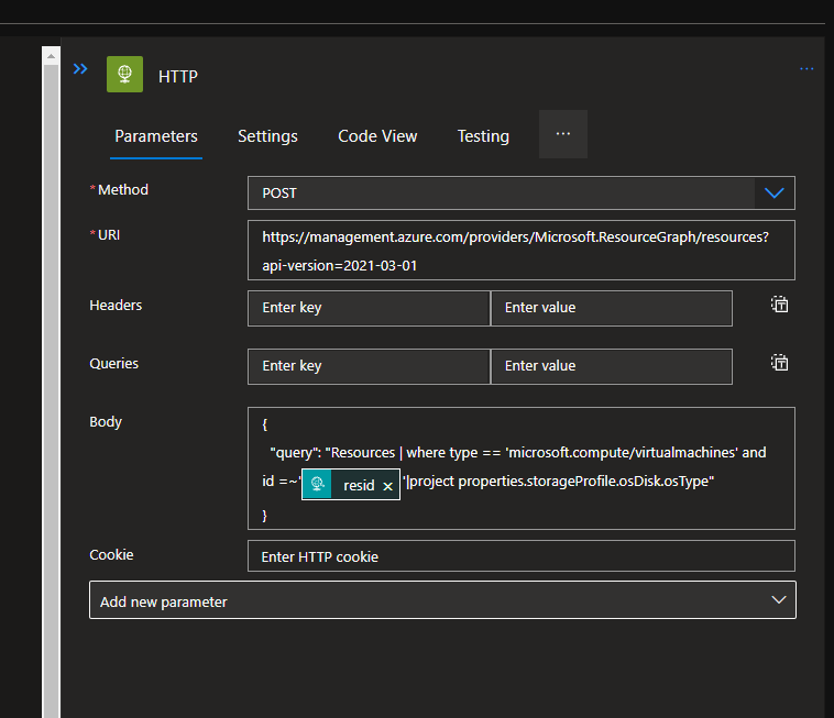 The logic app and the resource graph query