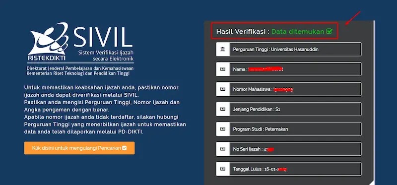 cek keaslian ijazah di sivil ristekdikti