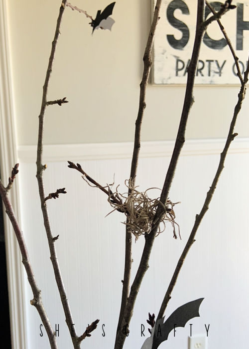 Halloween bat and branch table centerpiece -  glue spanish moss onto tree branches