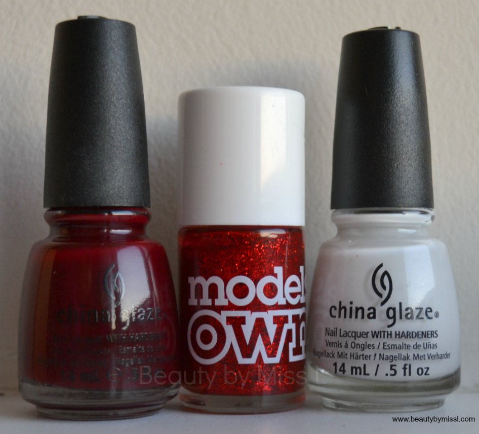 China Glaze Velvet Bow, China Glaze White on White, Models Own Scarlet Sparkle