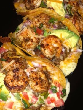 STEAK & SHRIMP TACOS W/ CREAMY LIME AVOCADO SAUCE