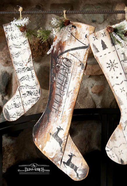 Stenciled Wood Christmas Stockings Bliss-Ranch.com