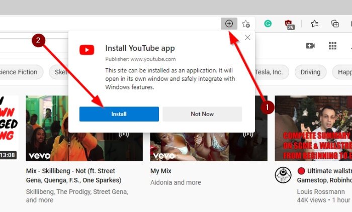 Installa YouTube come app Web progressiva su Chrome, Edge, Firefox