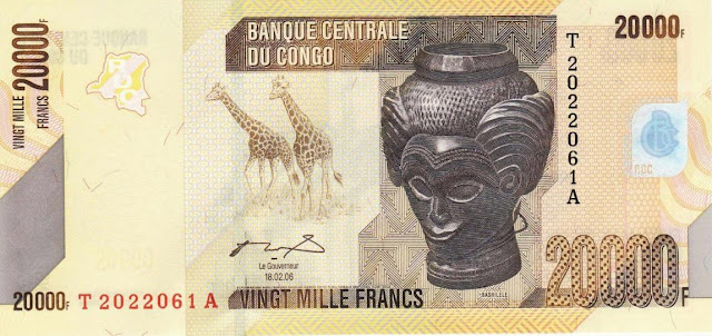 Congo Democratic Republic Currency 20000 Congolese francs banknote 2006 giraffes and carved head Bashilele