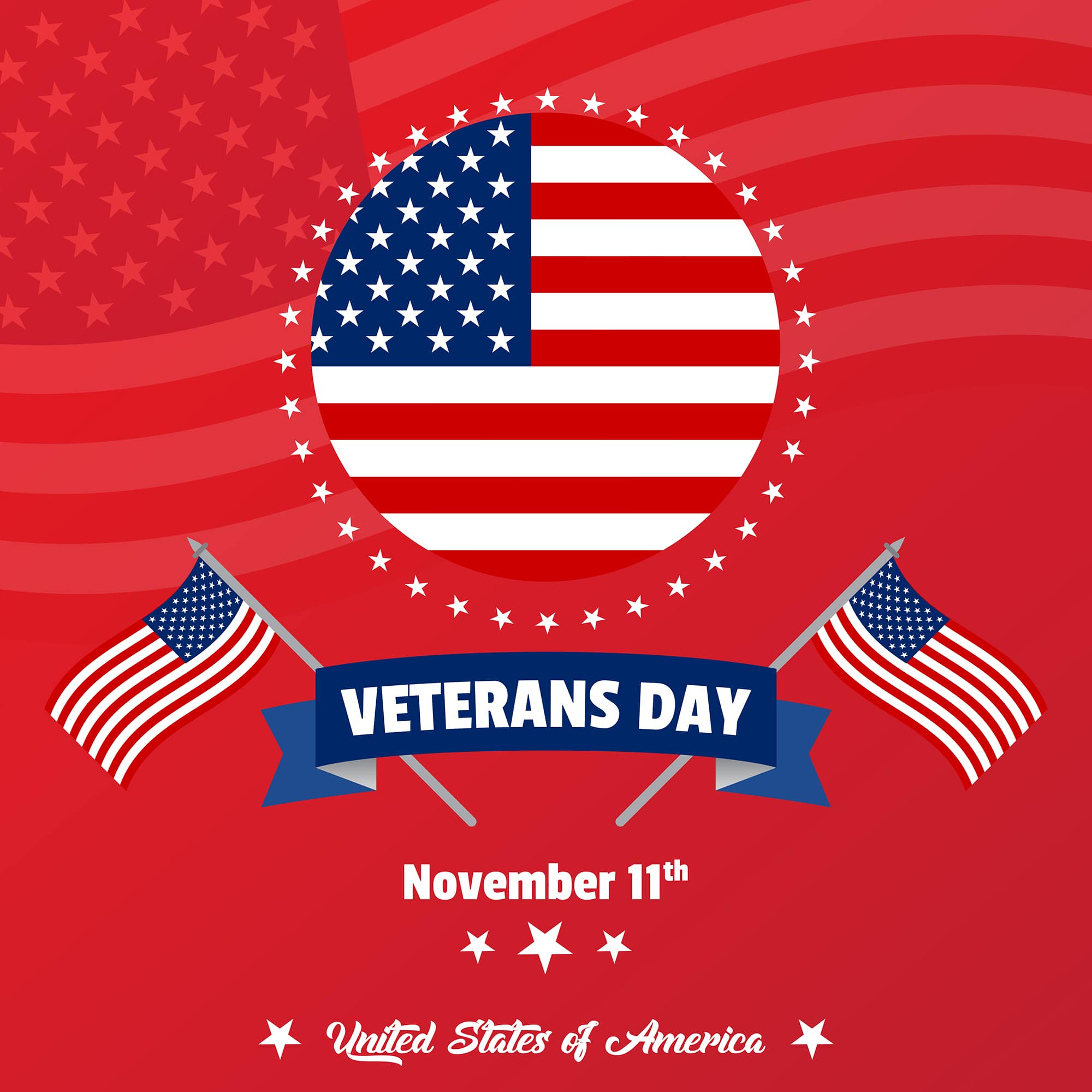 Happy Veterans Day poster and social media template for free download with flag of America in background