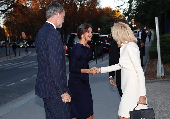 Queen Letizia wore DELPOZO flower embellished long sleeved dress. French President Emmanuel Macron and First Lady Brigitte Macron