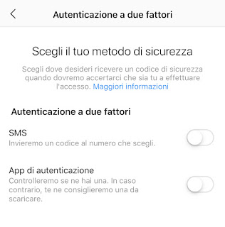 Scelta del metodo di sicurezza dell'autenticazione a due fattori di Instagram per iOS