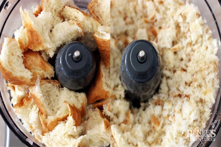 Sage and Onion Stuffing preparation, side by side photos of bread in food processor before processing and after
