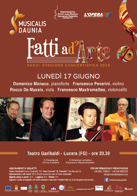  “Fatti ad arte”, a Lucera un quartetto con pianoforte per l'ultimo evento al Garibaldi