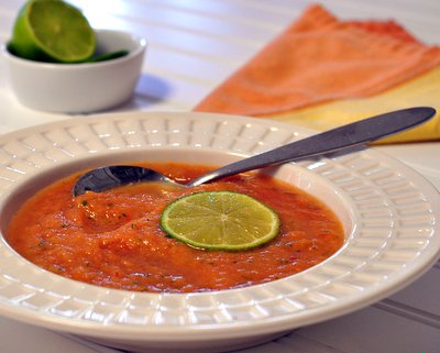 Cantaloupe-Tomato Gazpacho ♥ KitchenParade.com, a slightly fruity vegetable gazpacho, lovely color and quick to the table.