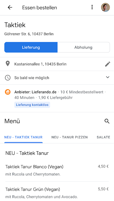 Screenshot einer Essensbestellung in Google Maps