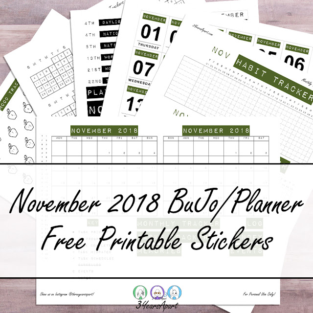 6 sheets of November Bullet Journal Daily Dates, Habit Trackers, Calendars