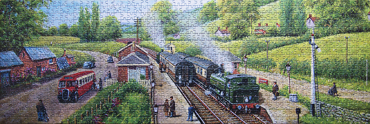 Spielzeug Gibsons Jigsaw Puzzle 636 Piece Panoramic Railroad Crossing Steam Train Triadecont Com Br