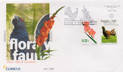 Sobre PDC con los sellos de la serie Flora y Fauna dedicados al Gladiolo y el Urogallo y matasellos de Madrid.