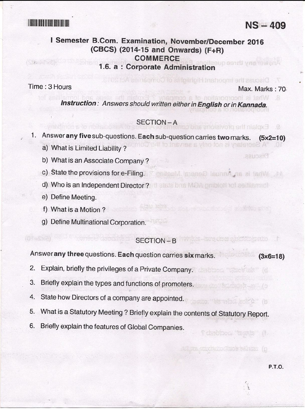 Bangalore University B Com Commerce 1 6 A Corporate Administration Nov Dec 16 Question Paper University Question Papers