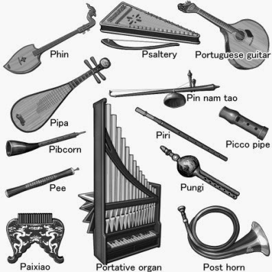 P ... world musical instruments. glayscale picture.