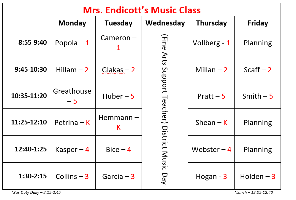 Mrs. Endicott's Music Room Class Schedule