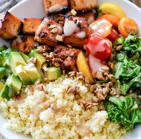 Kale and Couscous Tofu Bowls with Orange Tahini Dressing #vegetarian #weeknightdinner